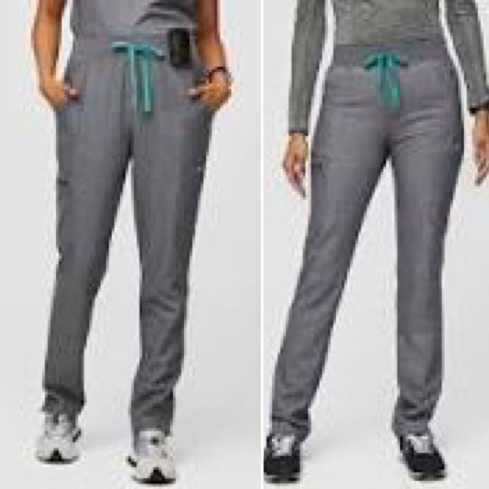 Figs Gray Straight-Leg Scrub Pants with Teal Drawstring